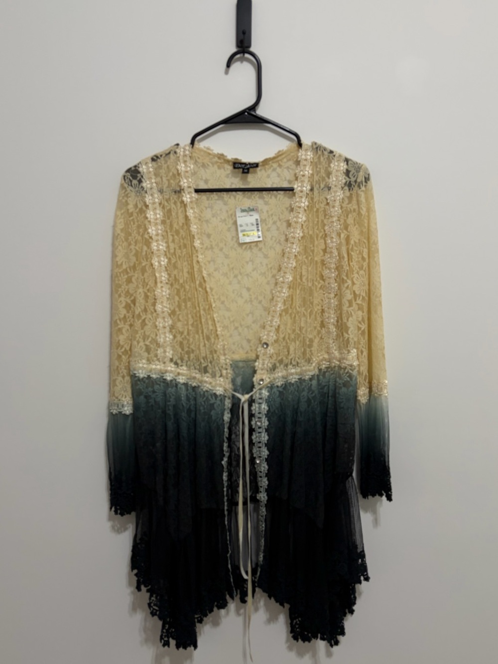 Sheer Lace Ombre Tie-Front Embroidered Cardigan
